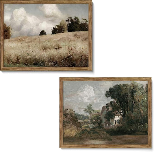 Framed Vintage Landscape Wall Art Set of 2, Rustic Farmhouse Field Canvas Wall Decor Paintings, Retro Nature Country Artwork Prints Pictures for Living Room Bedroom Home Decor 16x24 Inch