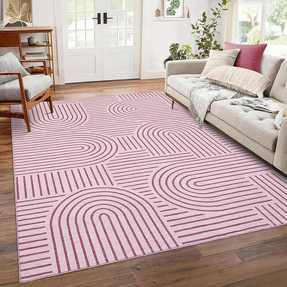 ROYHOME Washable Rug 8x10 Area Rugs for Living Room, Abstract Rug for Bedroom, Soft Rainbow Non Slip Throw Rugs with Rubber Back, Low Pile Stain Resistant Boho Geometric Carpet for Dining Room, Pink