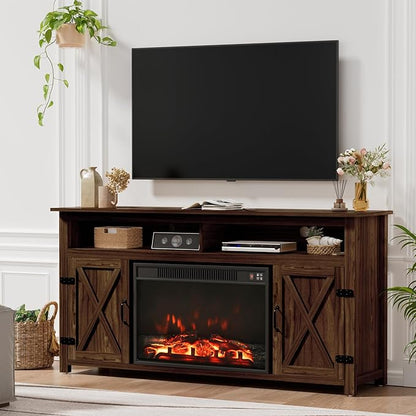 Furmax Farmhouse Fireplace TV Stand for TVs Up to 65 Inch Highboy Entertainment Center with Open Storage and Side Cabinets Rustic Media Console Table with Barn Doors for Living Room (Barnwood)