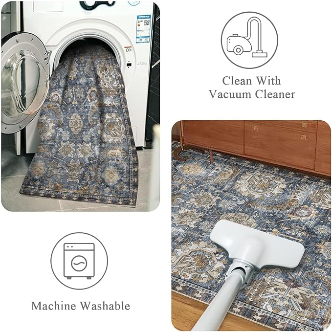 RUGSURE Washable Area Rugs - Perfect for Living Room, Bedroom, Kids Room, Nursery - Stain & Water Resistant Non-Slip, Pet & Child Friendly, Vintage Tribal Area Rugs (Navy, 5' x 7')