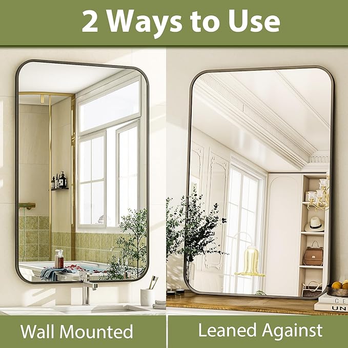 Easly 26 x 38 Inch Bathroom Mirror, Rounded Rectangular Vanity Mirror for Wall, Modern Mirror for Room Decor, Black Framed Wall-Mounted Mirrors for Home Decor, Hangs Horizontally or Vertically