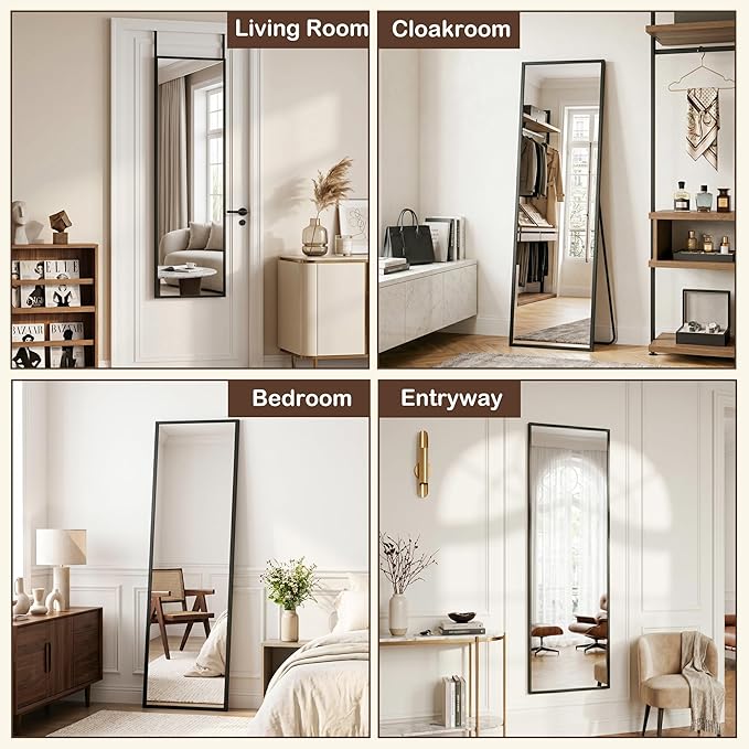 Antok 56''x15'' Full Length Mirror, Shatterproof HD Oversized Floor Mirror with Stand, Aluminum Alloy Frame Leaning Standing or Wall Mounted Mirror for Bedroom Living Room Entryway, Black