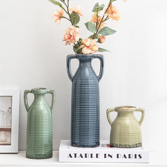 Ceramic Vases Set of 3, Neutral Rustic Farmhouse Vase with Handle, Decorative Flower Vases Home Decor Modern Boho Pampass Vase for Table Mantel Entryway Shelf Living Room Kitchen Bathroom - Multicolor