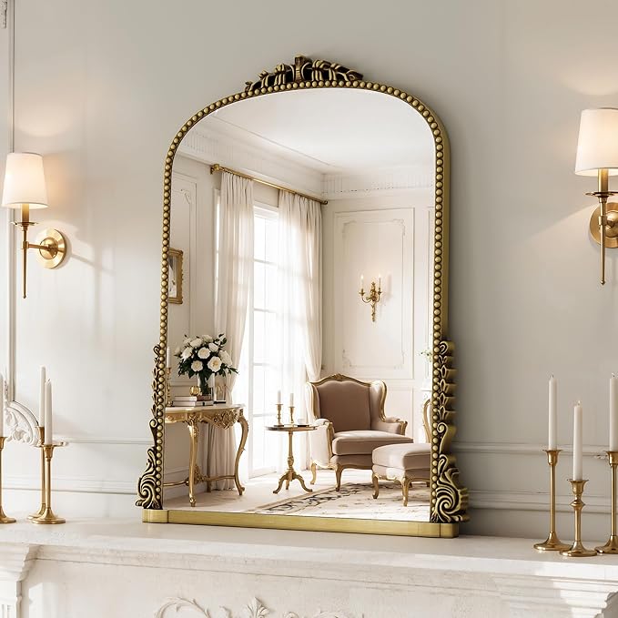 24x32 inch Arched Bathroom Mirror - Wall Vanity Mirror with Beautiful Retro Top and Bottom Engraving Process Frame, for Entryway, Fireplace, Living Room, Hallway or Wall Decor (Upgrade Tempered Glass)