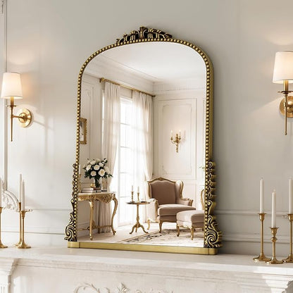 24x32 inch Arched Bathroom Mirror - Wall Vanity Mirror with Beautiful Retro Top and Bottom Engraving Process Frame, for Entryway, Fireplace, Living Room, Hallway or Wall Decor (Upgrade Tempered Glass)