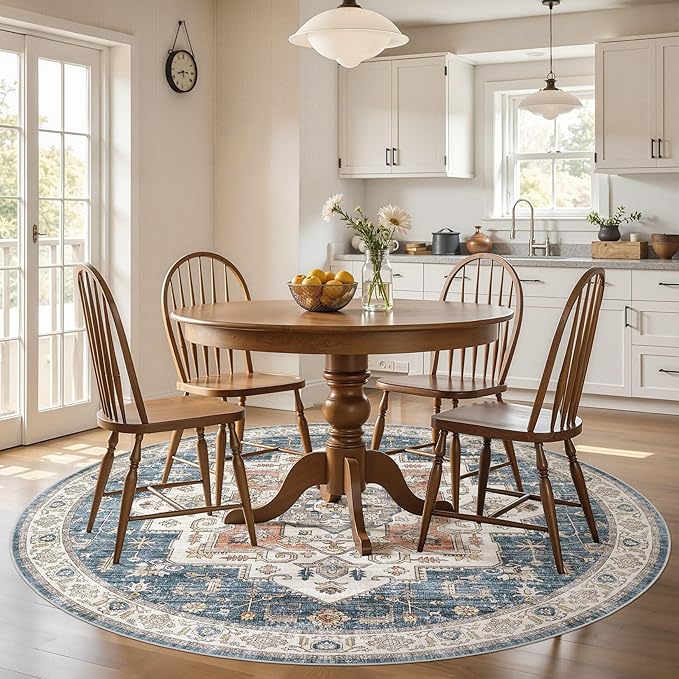 8x8 Round Area Rugs Washable Vintage - Soft Traditional Rugs for Living Room Large Non Slip Backing with Low Pile Farmhouse Oriental Retro Carpet for Bedroom Dining Room or Home Office - Blue