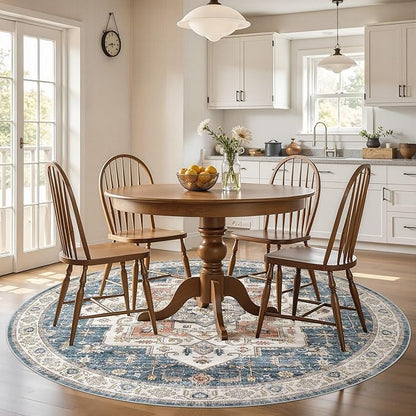 8x8 Round Area Rugs Washable Vintage - Soft Traditional Rugs for Living Room Large Non Slip Backing with Low Pile Farmhouse Oriental Retro Carpet for Bedroom Dining Room or Home Office - Blue
