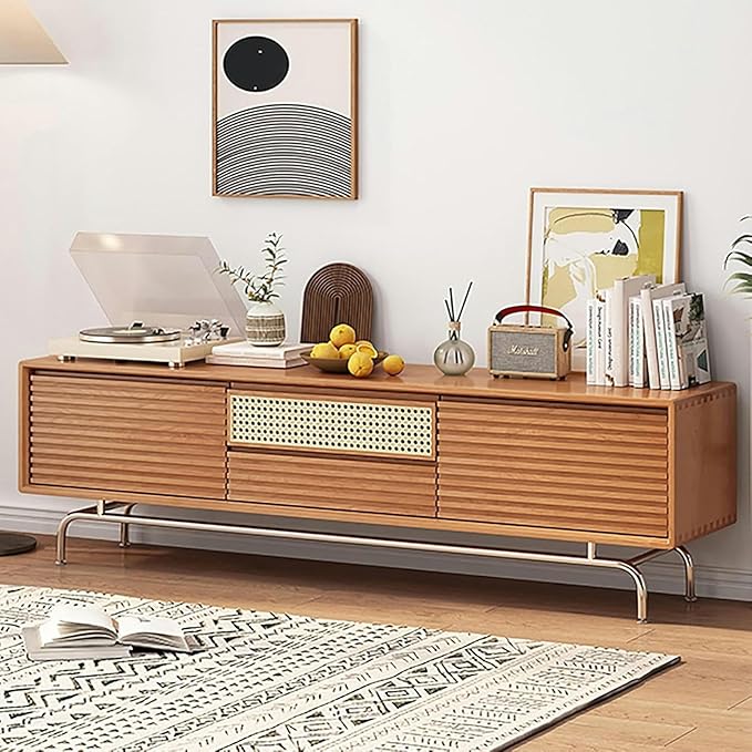 TV Stand TV Stand, Modern Entertainment Center, TV-Console with Cable Hole, Wood TV Cabinet, No Assembly Required, TV Tables with Storage, for Living Room, Bedroom(Black,Wood Leg)