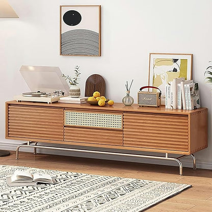 TV Stand TV Stand, Modern Entertainment Center, TV-Console with Cable Hole, Wood TV Cabinet, No Assembly Required, TV Tables with Storage, for Living Room, Bedroom(Black,Wood Leg)
