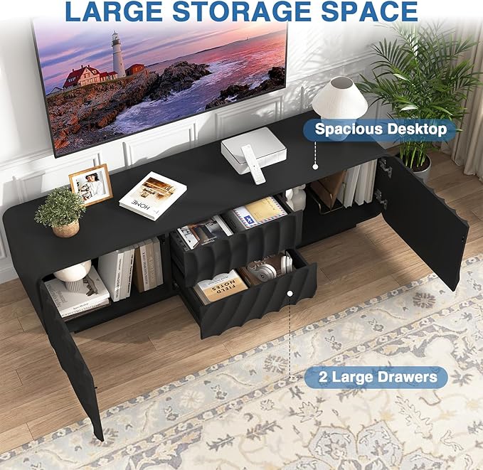 TV stand for 65'' TV , Media Console Table with Storage Cabinet, Spiral Wave Design,Low Profile Credenza for Living Room,Entertainment Center Television Stand with Curved Corner for Bedroom,Black