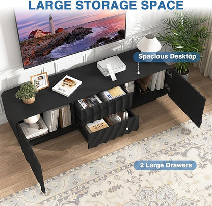 TV stand for 65'' TV , Media Console Table with Storage Cabinet, Spiral Wave Design,Low Profile Credenza for Living Room,Entertainment Center Television Stand with Curved Corner for Bedroom,Black