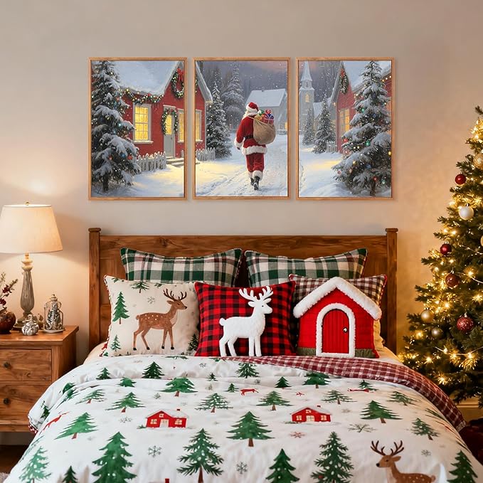Aurlan Santa Claus is Coming to Town Framed Wall Art(16"x24"), 3PCS Vintage Christmas Winter Holiday Canvas Artwork, Large Xmas Snow Forest Cabin Cottagecore Decor for Home Office Bedroom
