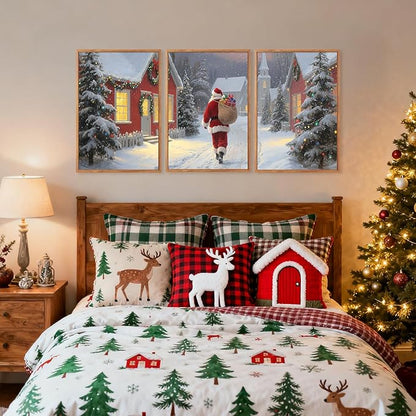 Aurlan Santa Claus is Coming to Town Framed Wall Art(16"x24"), 3PCS Vintage Christmas Winter Holiday Canvas Artwork, Large Xmas Snow Forest Cabin Cottagecore Decor for Home Office Bedroom