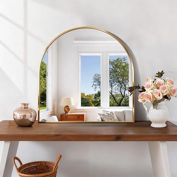CIRCUMI Arched Wall Mirror, 24"x24" Gold Arched Mirror with Tempered Glass, Metal Frame, Large Size for Entryway Table, Mantel,Living Room,Over Sink,Arch Mirror for Decor,Shatterproof&Crystal-Clear