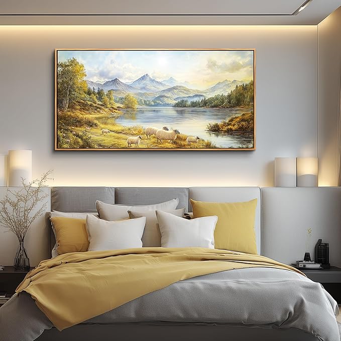 Wapluam Wall Art For Living Room,Landscape Large Framed Wall Art, Modern Farmhouse Decor,Sheep Pictures Retro Rustic Nature Canvas Art Prints Paintings For Bedroom Kitchen Office Decorations 30x60 IN