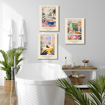 Funny Bathroom Canvas Wall Art Set of 3, Matisse Black Cat Animal Wall Decor Paintings, Cute Tiger Bathroom Pictures Posters Prints 12x16 Inch Framed