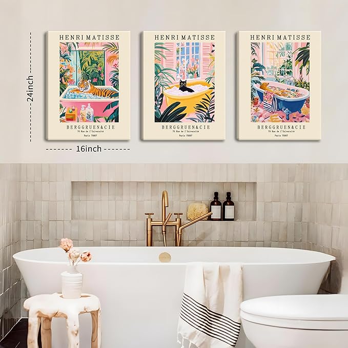 Funny Bathroom Canvas Wall Art Set of 3, Matisse Black Cat Animal Wall Decor Paintings, Cute Tiger Bathroom Pictures Posters Prints 16x24 Inch Framed