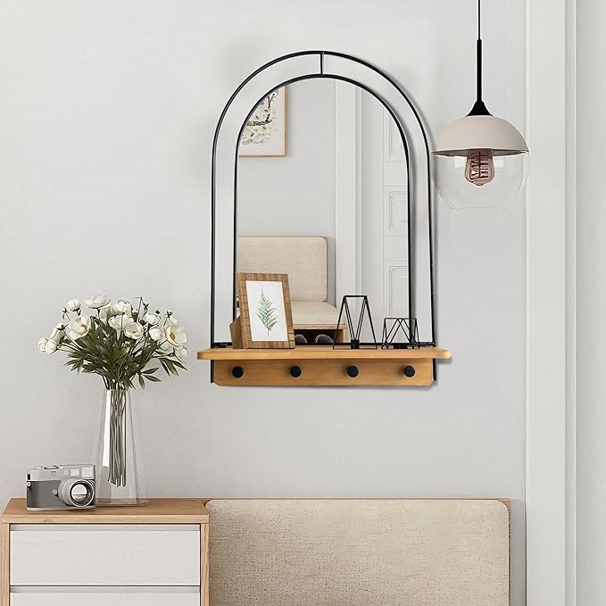 BAODANFU Wall Mirror with Foldable Wood Shelf, Black Bathroom Mirror with 4 Metal Hooks, 20x30 inches Arch Makeup Vanity Mirrors Decorative for Entryway, Bedroom, Dressing Room