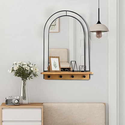 BAODANFU Wall Mirror with Foldable Wood Shelf, Black Bathroom Mirror with 4 Metal Hooks, 20x30 inches Arch Makeup Vanity Mirrors Decorative for Entryway, Bedroom, Dressing Room