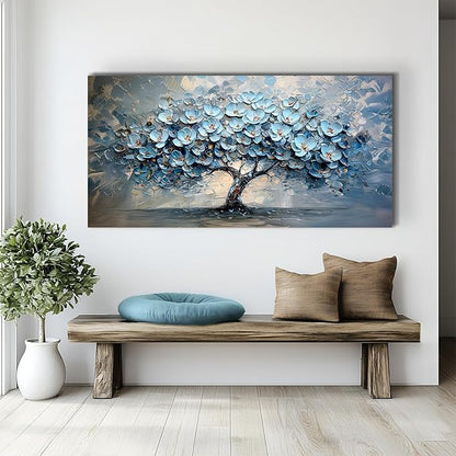 crmotu Tree of Life Large Wall Art for Living Room, Blue Floral Tree Abstract Canvas Prints Aesthetic Pictures, Modern Neutral Wall Decor for Bedroom Bathroom Office, Nature Botanical Decor 29"X57"