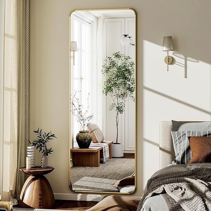 VooBang Round Corner Mirror Full Length, 66" x 23" Floor Mirror with Stand, Matte Aluminum Alloy Frame Full Body Mirror, Standing Hanging or Leaning for Bedroom and Living Room, Gold