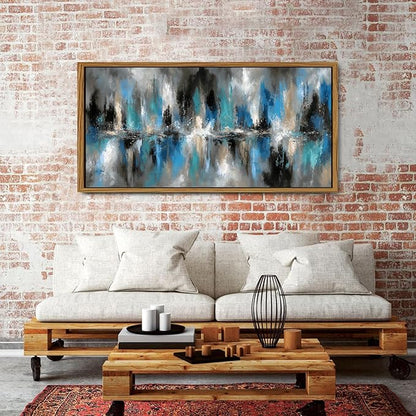 Abstract Blue and Grey Wall Art Framed Vintage Wall Decor Modern Artwork Prints for Living Room Minimalist Black and White Fantasy Lines Pictures Artwork Office Kitchen Bedroom Home Decorations 30x57.8"
