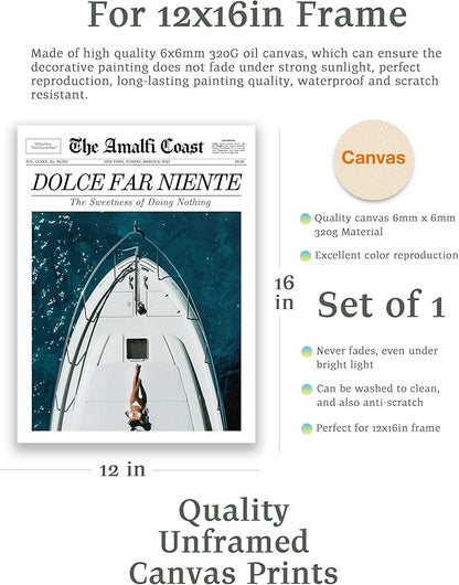 EcoHest UnframedTrendy Newspaper Dolce Far Niente Wall Art, 12x16 in OAK Wood La Dolce Vita Canvas Art, Magazine Italian Summer Headline Print Decor, Beige Logs Set of 1 for Bedroom Living Room