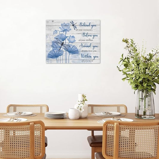 LB Inspirational Dragonfly Wall Art Vintage Farmhouse Blue Floral Canvas Wall Art Rustic Wood Wall Decor for Bedroom Bathroom Living Room Framed Ready to Hang 8L x 10W