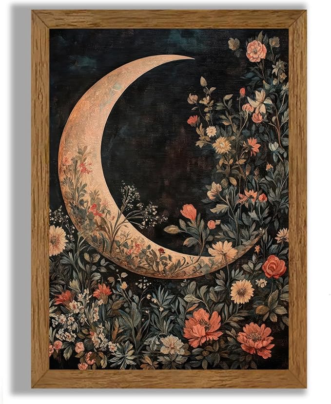 JLTULT Framed Vintage Floral and Moon Canvas Wall Art, Dark Mystical Celestial Floral Wall Decor, William Morris Gothic Prints Artwork for Bedroom Living Room Office Decoration 16x24 in Easy to Hang