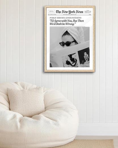 EcoHest Trendy Newspaper Framed Wall Art, 16x20 in Large OAK Wood Cool Girl Canvas Art, Magazine Bar Cart Print College Dorm Decor, Beige Logs Set of 1 for Bedroom Living Room