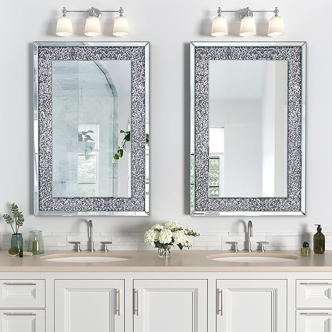 Crystal Crush Diamond Mirror-24x36 Silver Mirror, Gorgeous Wall Mirror, Rectangle Mirrors for Wall Bathroom, Bedroom, Dining Room and Living Room