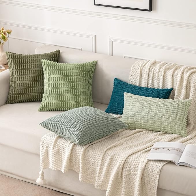MIULEE Pack of 2 Spring Corduroy Decorative Throw Pillow Covers 12x12 Inch Soft Boho Striped Pillow Covers Modern Farmhouse Home Decor for Summer Sofa Living Room Couch Bed Greyish Green