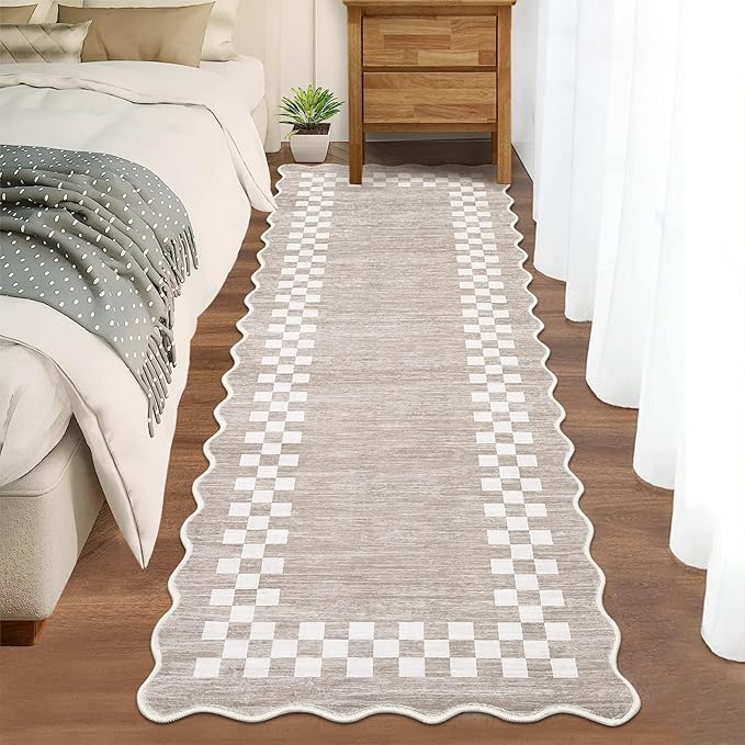 Washable Runner Rug 2x10 Modern Bordered Hallway Runner Rug Non Slip Kitchen Throw Carpet Checkered Bathroom Entryway Runner Rugs Low Pile Solid Area Rugs for Living Room Bedroom Nursery Sink, Fog