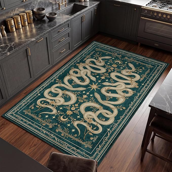 Garvee Snake Gothic Washable Rug 5x7 Dark Whimsical Moody Witchy Unique Soft Thin Carpet for Living Room Bedroom Playroom Indoor Decor Low Pile TPE Backing Blue Green