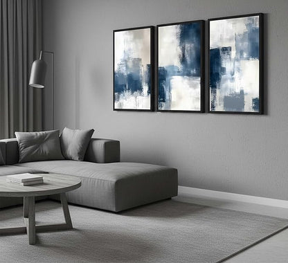 Devatz 3 Pcs Navy Blue Abstract Poster Wall Art Modern Minimalist Neutral Blue and Grey Paintings Pictures Wall Decor Print Artwork for Living Room Bedroom Office Home Decoration Unframed