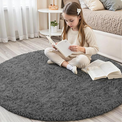 Dark Gray Round Fluffy Rug 5ft Plush Fuzzy Shaggy Carpet,Soft Rugs for Living Room for Nursery,Preppy Dorm,Classroom,Playroom,Teen,Baby Home Decor (Dark Gray 5"x5")