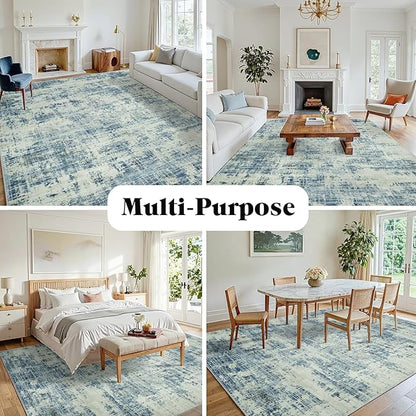 8x10 Area Rugs for Living Room Washable Rug: Anti-Skid Abstract Modern Living Room Rug Soft Thin Carpets Indoor Floor Non-Shedding Carpet for Bedroom Dining Farmhouse Nursery Blue Gray Gold