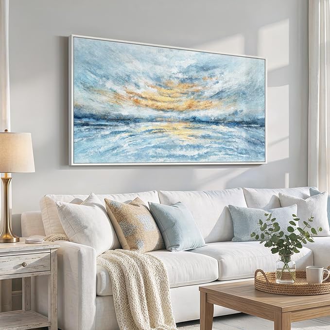 Extra Large Framed Blue Gold Abstract Wall Art for Living Room, Oversized Modern Horizontal Canvas Prints Paintings Artwork for Walls, Coastal Horizon Pictures for Bedroom Hallway Wall Decor 30x60 In