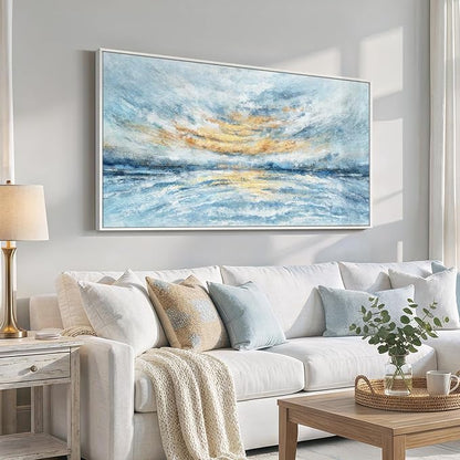 Extra Large Framed Blue Gold Abstract Wall Art for Living Room, Oversized Modern Horizontal Canvas Prints Paintings Artwork for Walls, Coastal Horizon Pictures for Bedroom Hallway Wall Decor 30x60 In