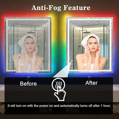 WTTY LED Bathroom Mirror 48"x36" with RGB Backlit and Front Light,Stepless Dimmable LED Mirror for Bathroom,Colored Lighted Bathroom Vanity Mirror,Anti-Fog,Memory Function,Shatter-Proof
