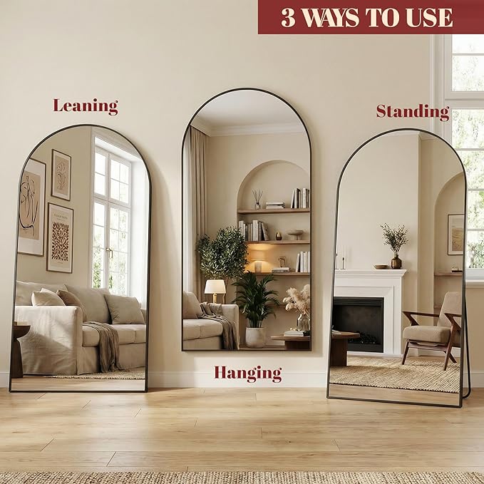 Suidia 71"x28" Arched Full Length Mirror with Stand, Full Body Mirror with Aluminum Frame, Freestanding/Leaning/Wall-Mounted, Floor Mirrors for Bedroom, Living Room, Entryway, Dressing Room, Black