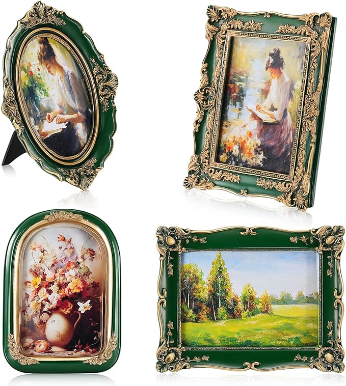 Geetery 4 Pcs Vintage Picture Frames Set, Green Ornate Baroque Frames for Gallery Wall, Antique Victorian Decorative Photo Frame for Tabletop or Wall Display, Shabby Cottagecore Home Decor