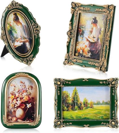 Geetery 4 Pcs Vintage Picture Frames Set, Green Ornate Baroque Frames for Gallery Wall, Antique Victorian Decorative Photo Frame for Tabletop or Wall Display, Shabby Cottagecore Home Decor