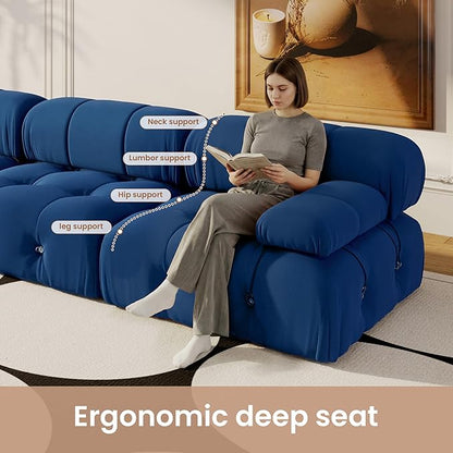 104'' Modular Sectional Couch, L-Shaped Velvet Bubble Couch with Reversible Chaise Ottoman, Modern Cloud Sectional Couches for Living Room, Apartment (3 Seats, 1 Ottoman, Blue)