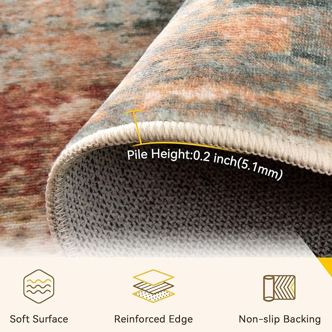 RELEANY Washable Area Rugs 6ft Non-Slip Modern Abstract Soft for Living Room Entryway Bedroom Nursery, Print Pattern, Brown Rust Red Green Blue Multi