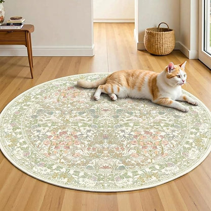 Sage Green 4ft Round Rug for Entryway - Small Circle Rug for Nursery, Living Room, Bedroom, Home Office, Boho Washable Non Slip Soft Carpet Décor