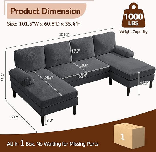 Korser 101" Sectional Couches for Living Room, U Shaped Sofa with Double Chaise Lounge, Modern Chenille Fabric 4-Seat Couch for Apartment/Small Space, Grey