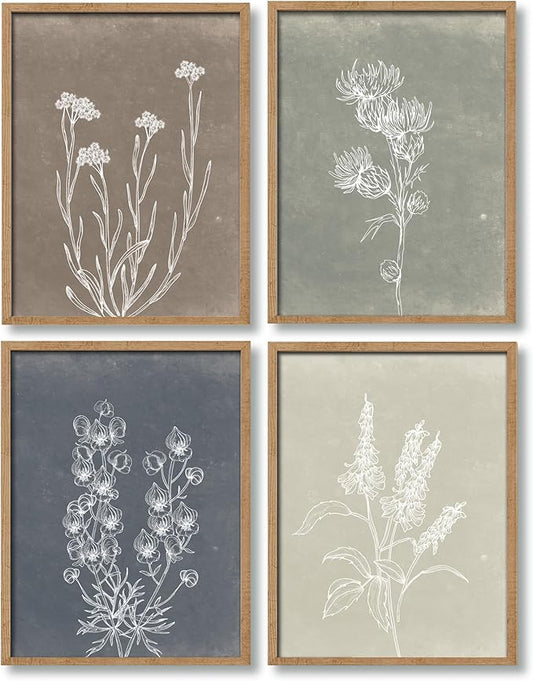 Heiple Framed Boho Wall Art Set of 4 Wooden Wall Art for Rustic Vintage Farmhouse Home Living Room Bedroom Bathroom Kitchen Wall Decor (Brown, 16"x20")