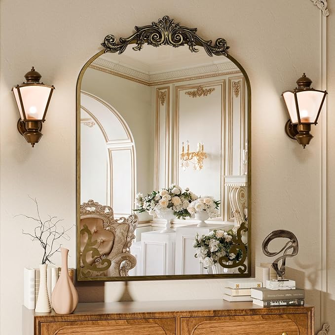 Koonmi Vintage Mirror, 24x36 Antique Barolon Mirror for Wall, Bronze Frame with Ornate Patterns, Flower Head, Shatter-Proof Tempered Glass Arched Decorative Mirrors for Bathroom