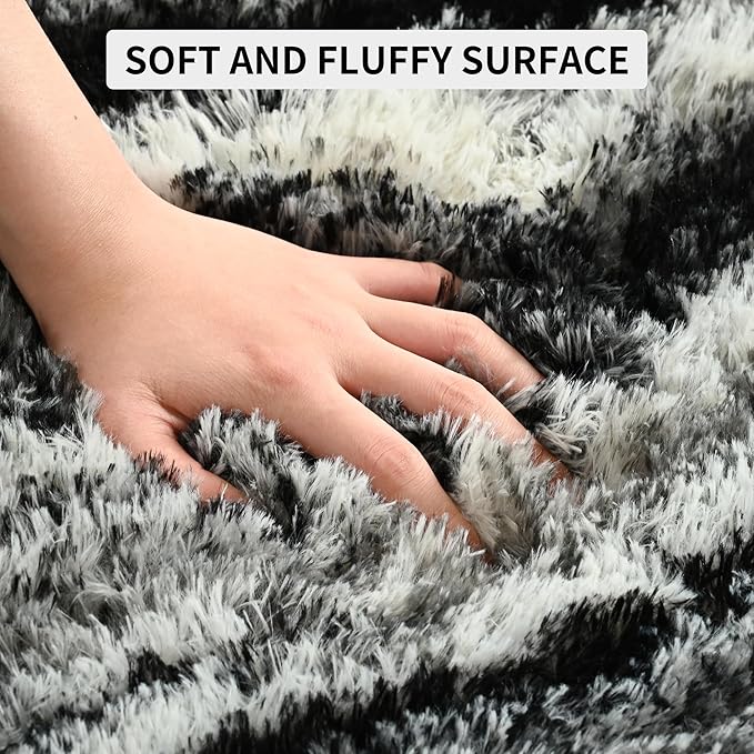 Tepook Fluffy Large Rugs for Living Room, 8x10 Area Rugs for Bedroom, Modern Shag Fuzzy Carpets for Kids Boys Girls, Plush Indoor Nursery Home Decor Rug with Non-Slip Bottom, Black White